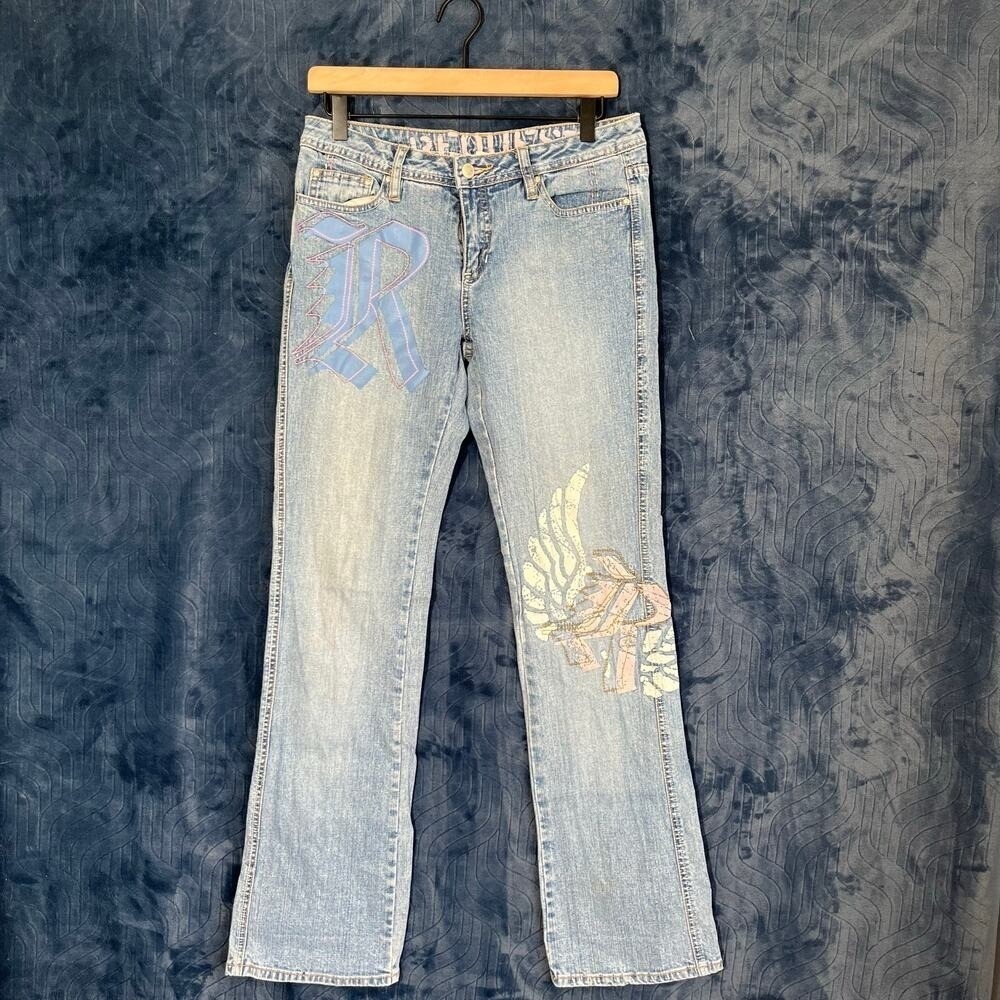 Request Jeans Womens 28 Light Wash Graphic Wing‎ Patch Bootcut Denim Blue 118
